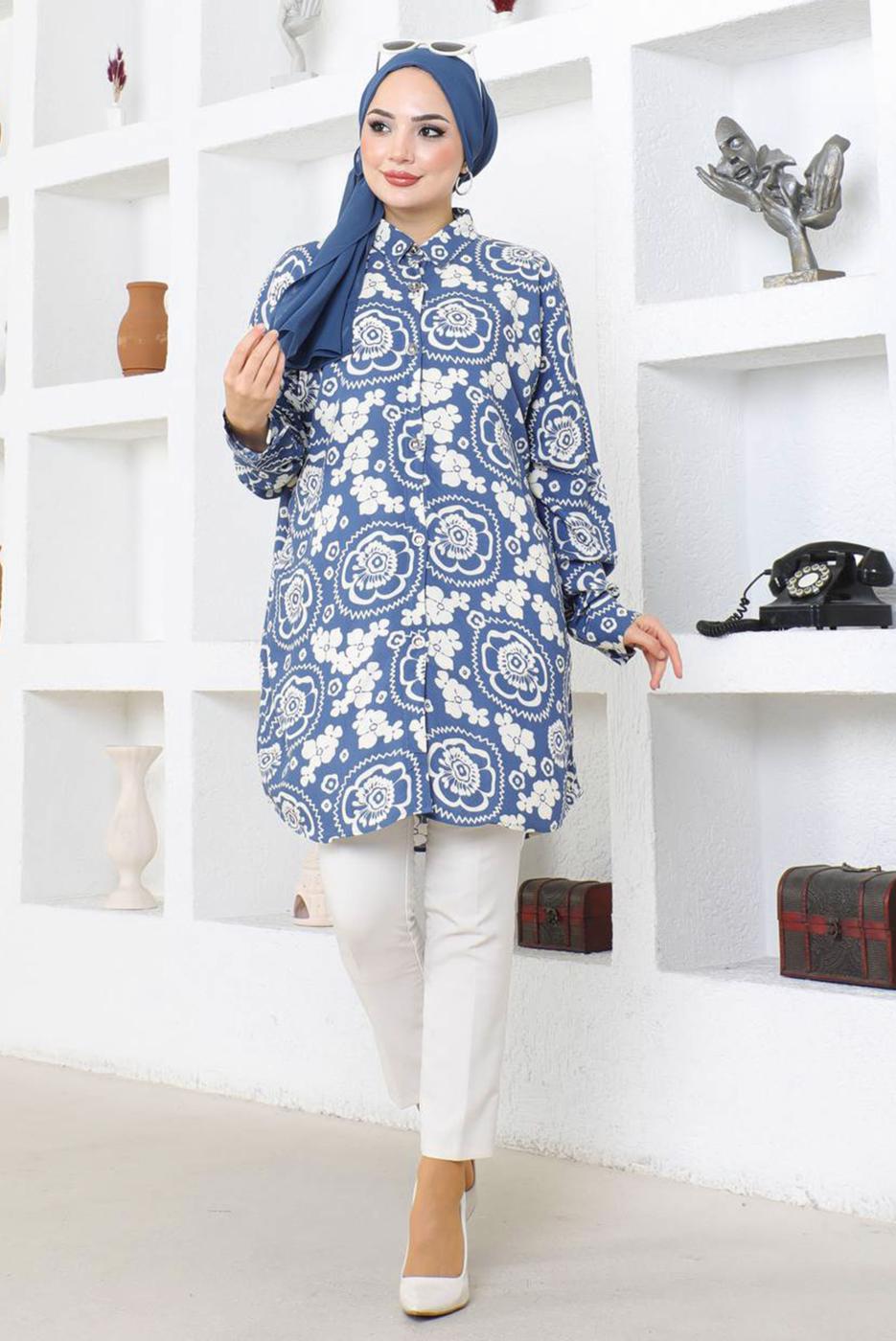 Tesettür giyim LACİVERT PAMUKLU DESENLİ GÖMLEK TUNİK T 8712