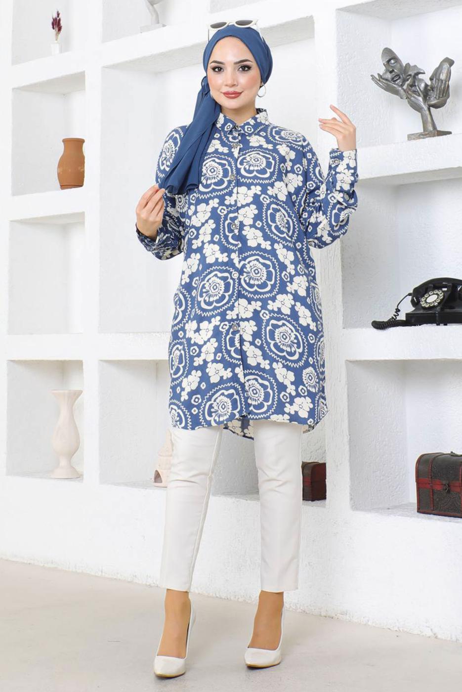 Tesettür giyim LACİVERT PAMUKLU DESENLİ GÖMLEK TUNİK T 8712