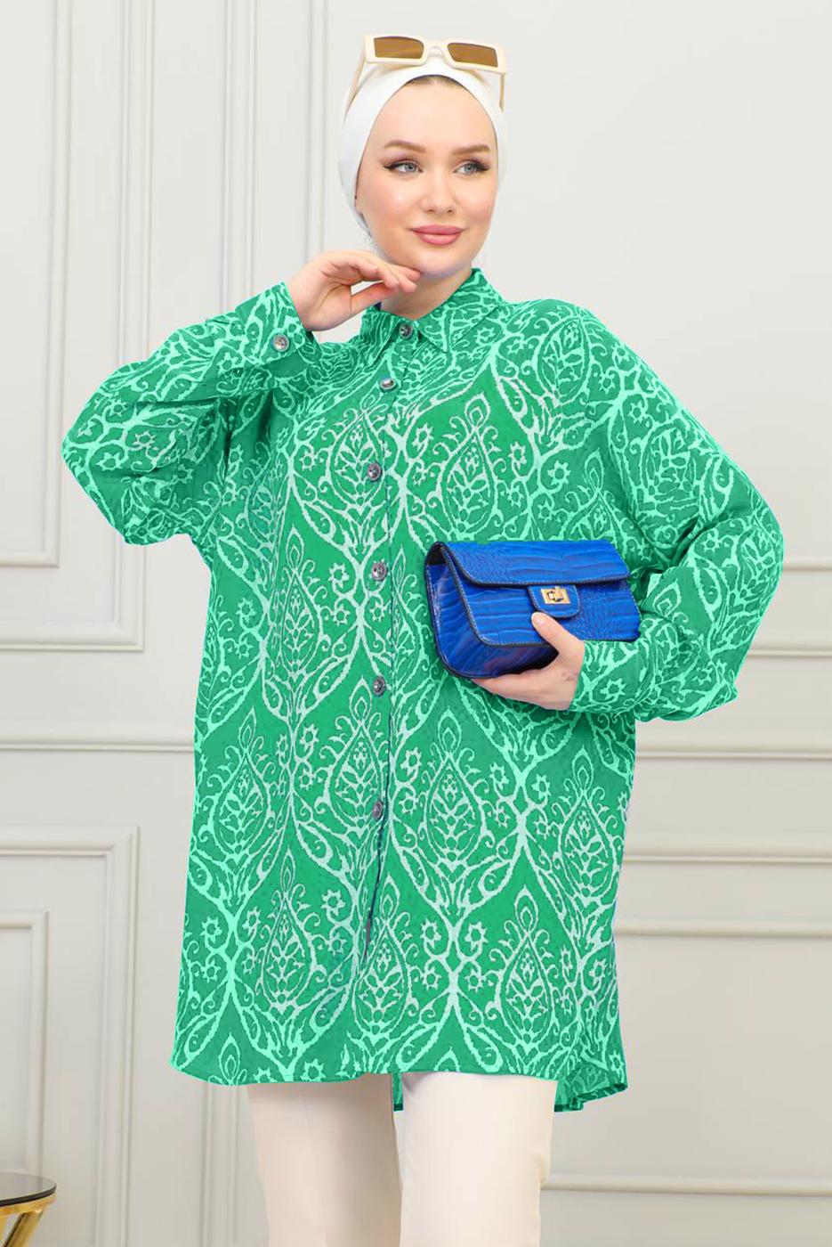 Tesettür giyim YEŞİL PAMUKLU GÖMLEK TUNİK T 8713