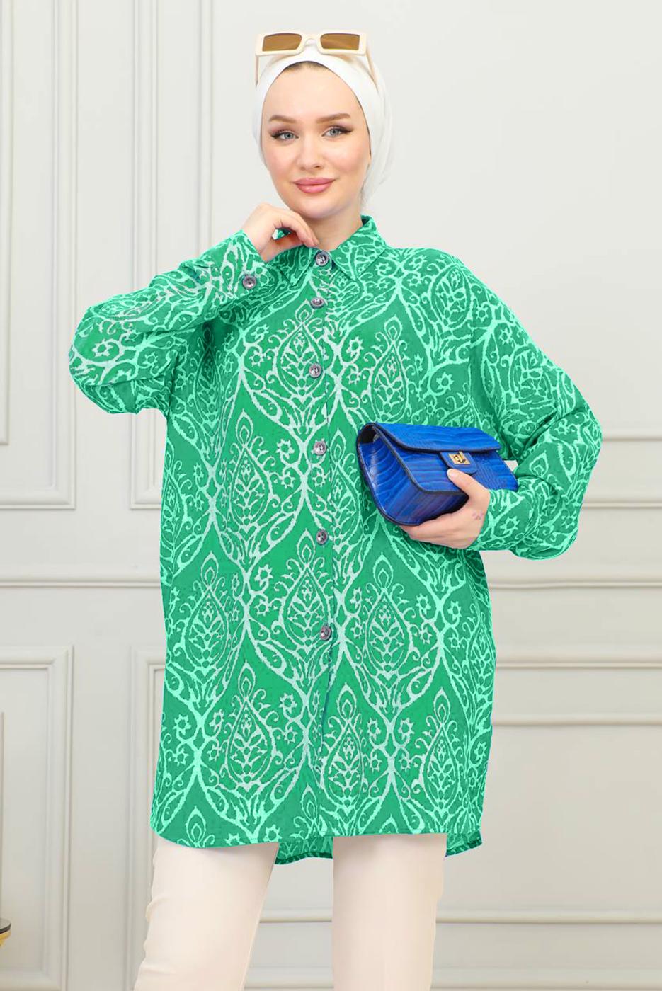 Tesettür giyim YEŞİL PAMUKLU GÖMLEK TUNİK T 8713