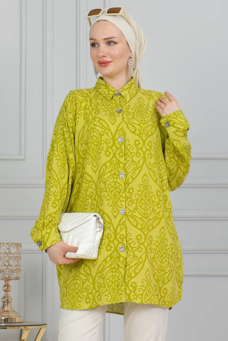 Tesettür giyim YEŞİL PAMUKLU GÖMLEK TUNİK T 8713