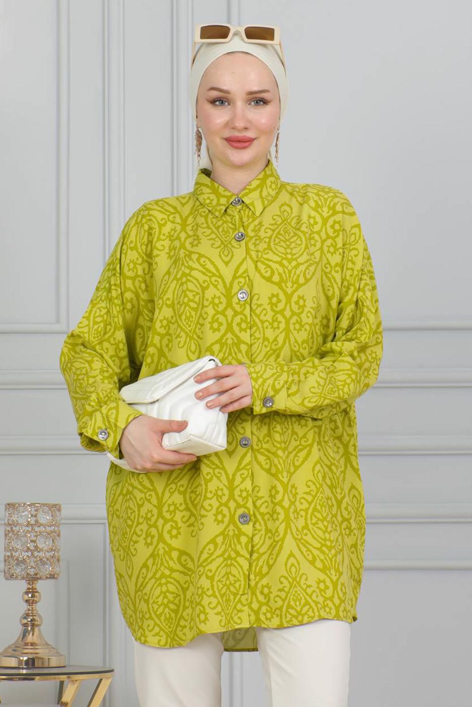 Tesettür giyim YEŞİL PAMUKLU GÖMLEK TUNİK T 8713