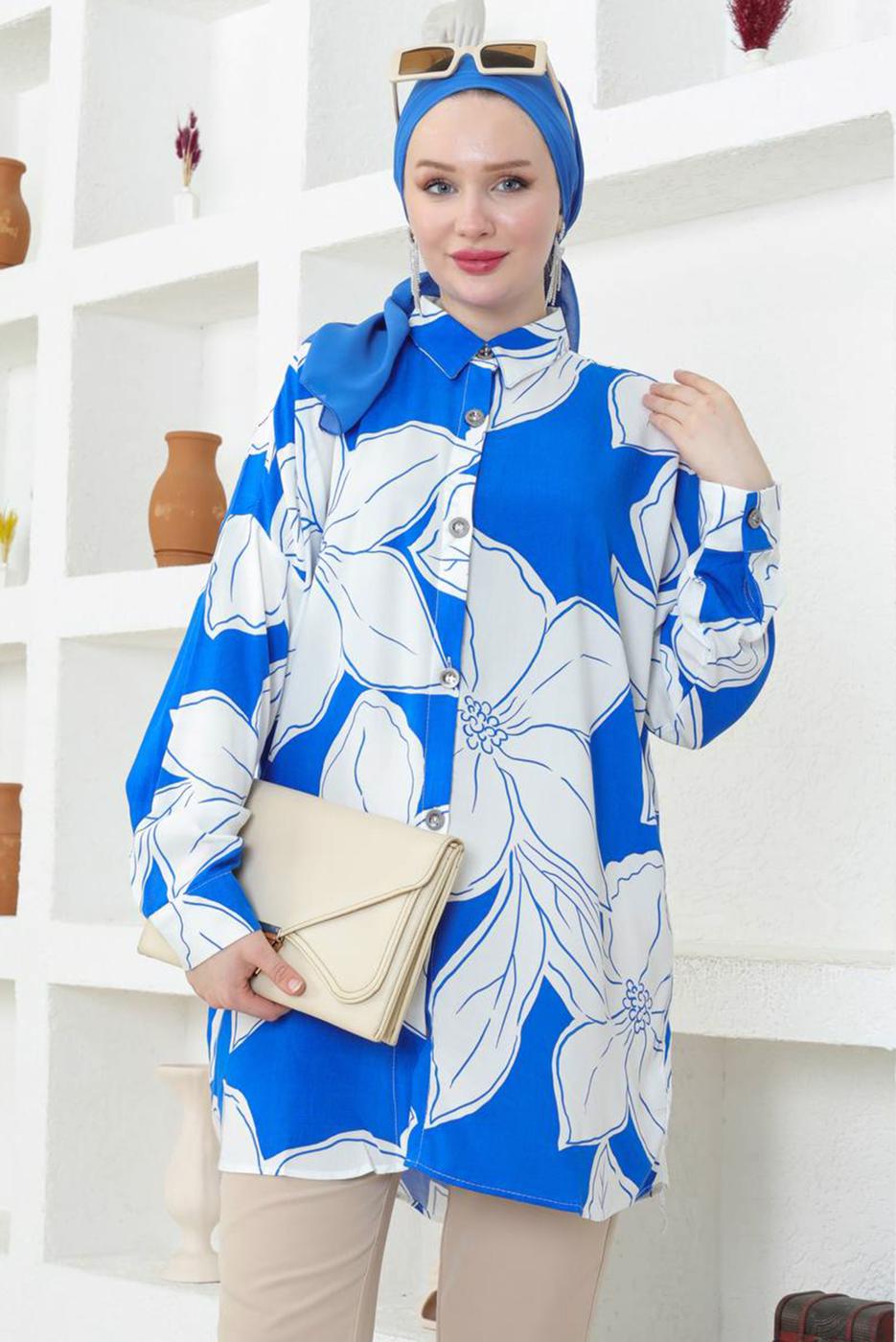 Tesettür giyim LACİVERT DESENLİ GÖMLEK TUNİK T 8716