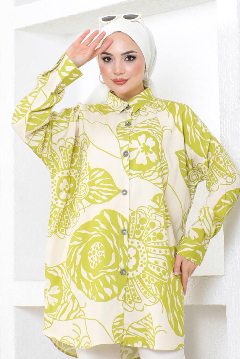 Tesettür giyim YEŞİL DESENLİ GÖMLEK TUNİK T 8724