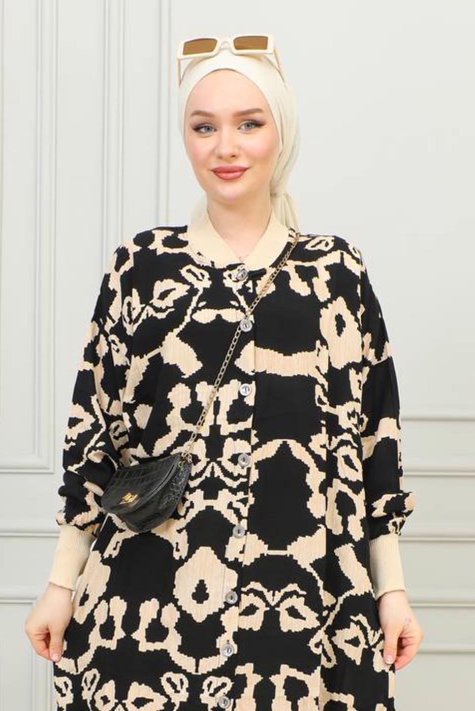 Tesettür giyim KREM DESENLİ UZUN TUNİK T 8734
