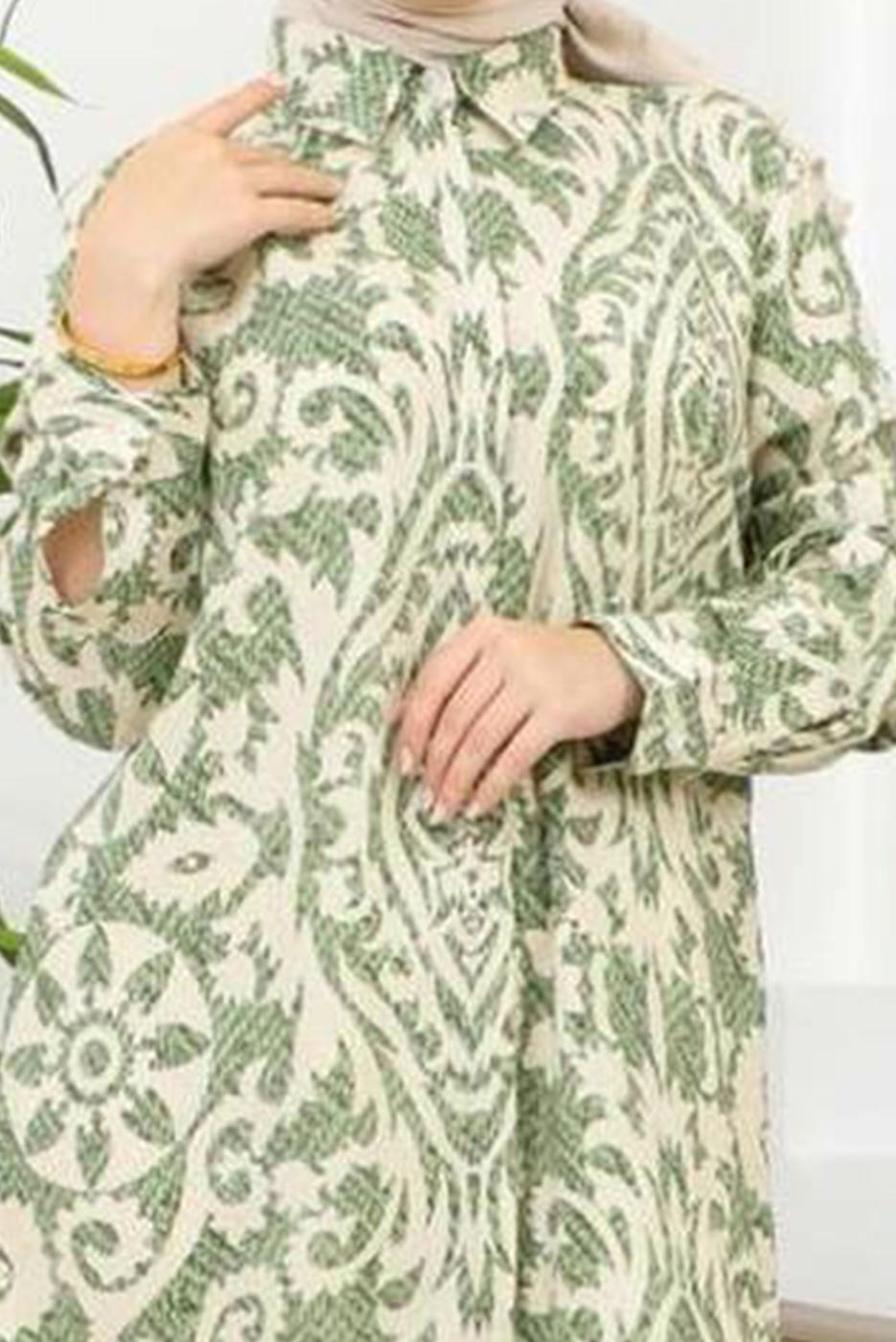 Tesettür giyim HAKİ PAMUKLU DESENLİ TUNİK T 8735