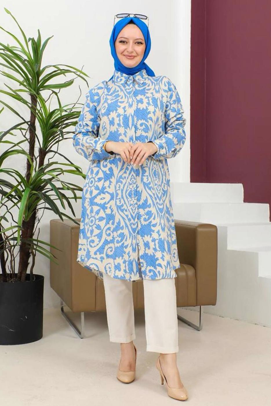 Tesettür giyim LACİVERT PAMUKLU DESENLİ TUNİK T 8735