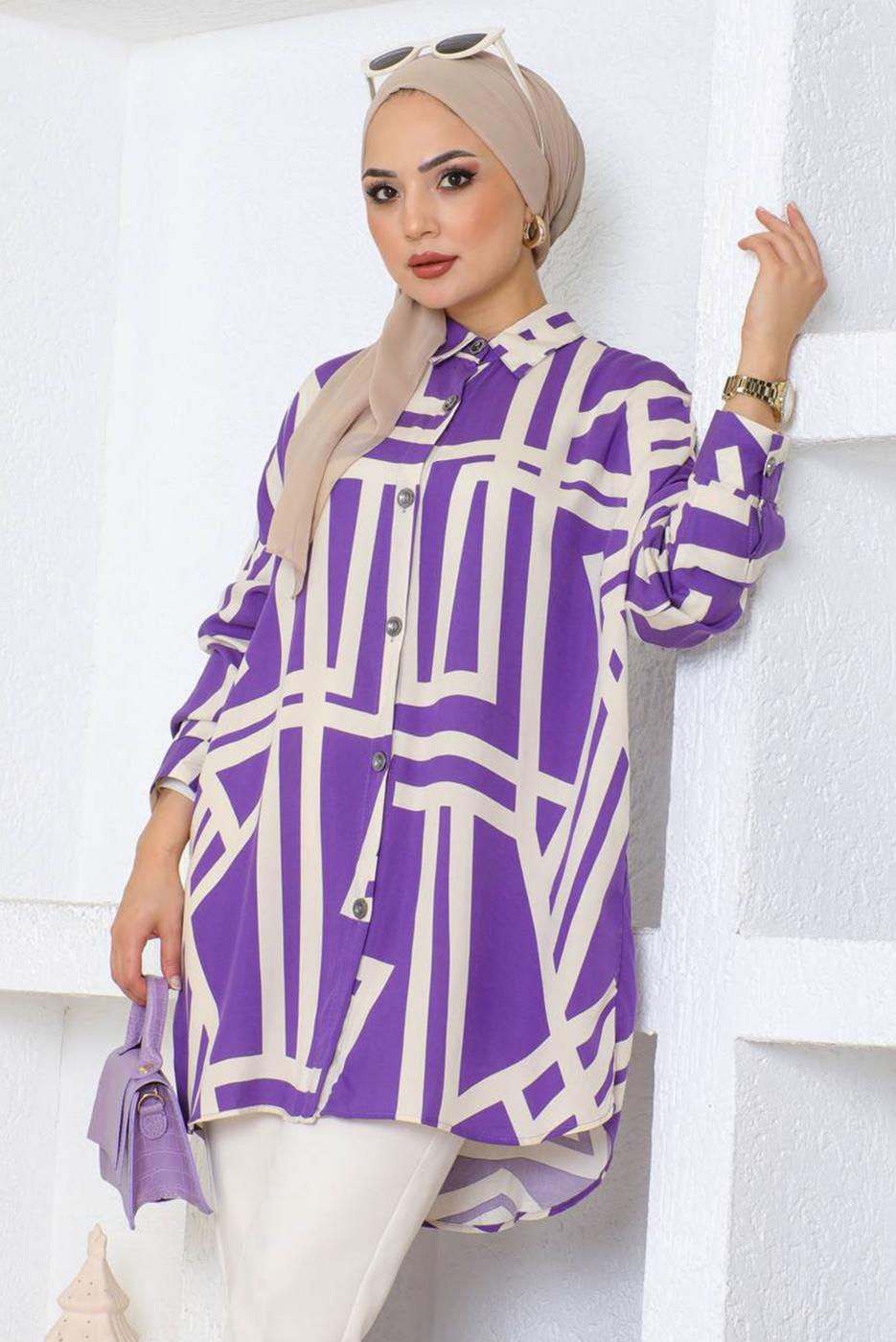 Tesettür giyim MOR PAMUKLU GÖMLEK TUNİK T 8744