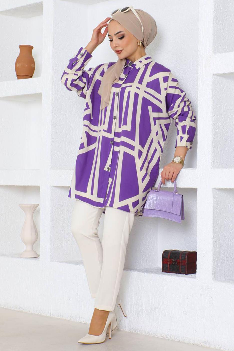 Tesettür giyim MOR PAMUKLU GÖMLEK TUNİK T 8744