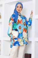 Tesettür giyim MAVİ DESENLİ PAMUKLU GÖMLEK TUNİK T 8747