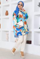 Tesettür giyim MAVİ DESENLİ PAMUKLU GÖMLEK TUNİK T 8747