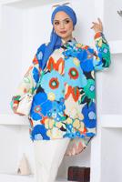 Tesettür giyim MAVİ DESENLİ PAMUKLU GÖMLEK TUNİK T 8747