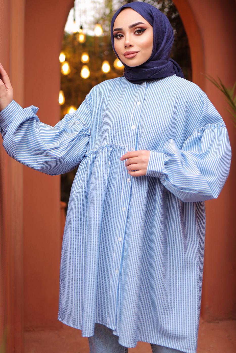 Tesettür giyim MAVİ ÇİZGİLİ GÖMLEK TUNİK T 9202