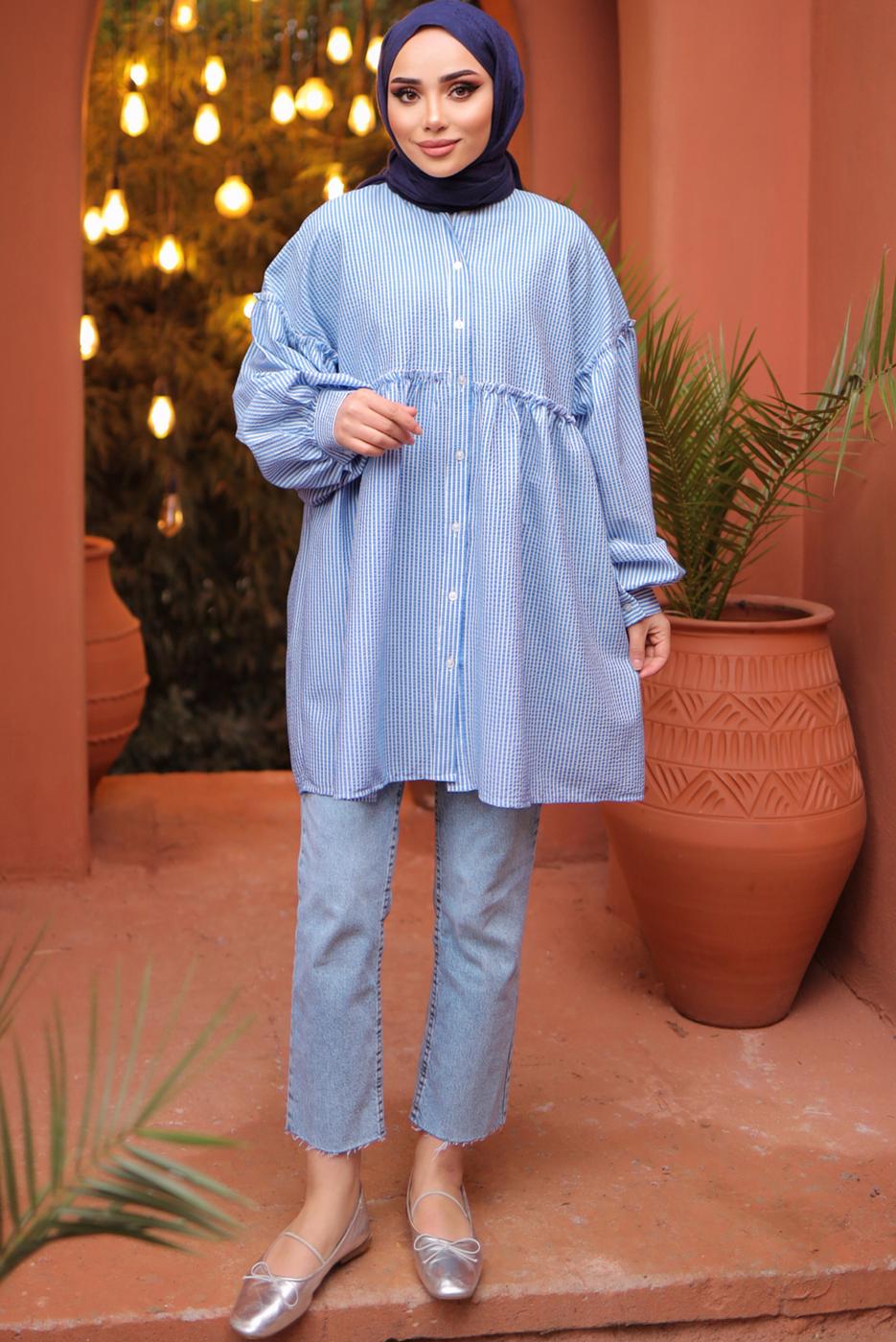 Tesettür giyim MAVİ ÇİZGİLİ GÖMLEK TUNİK T 9202