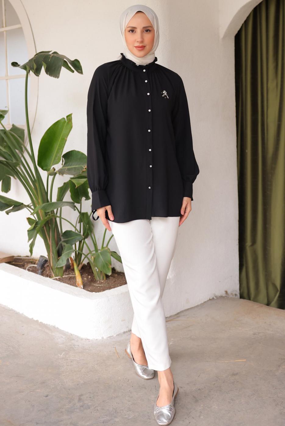 Tesettür giyim SİYAH BROŞ DETAYLI GÖMLEK TUNİK T 93616