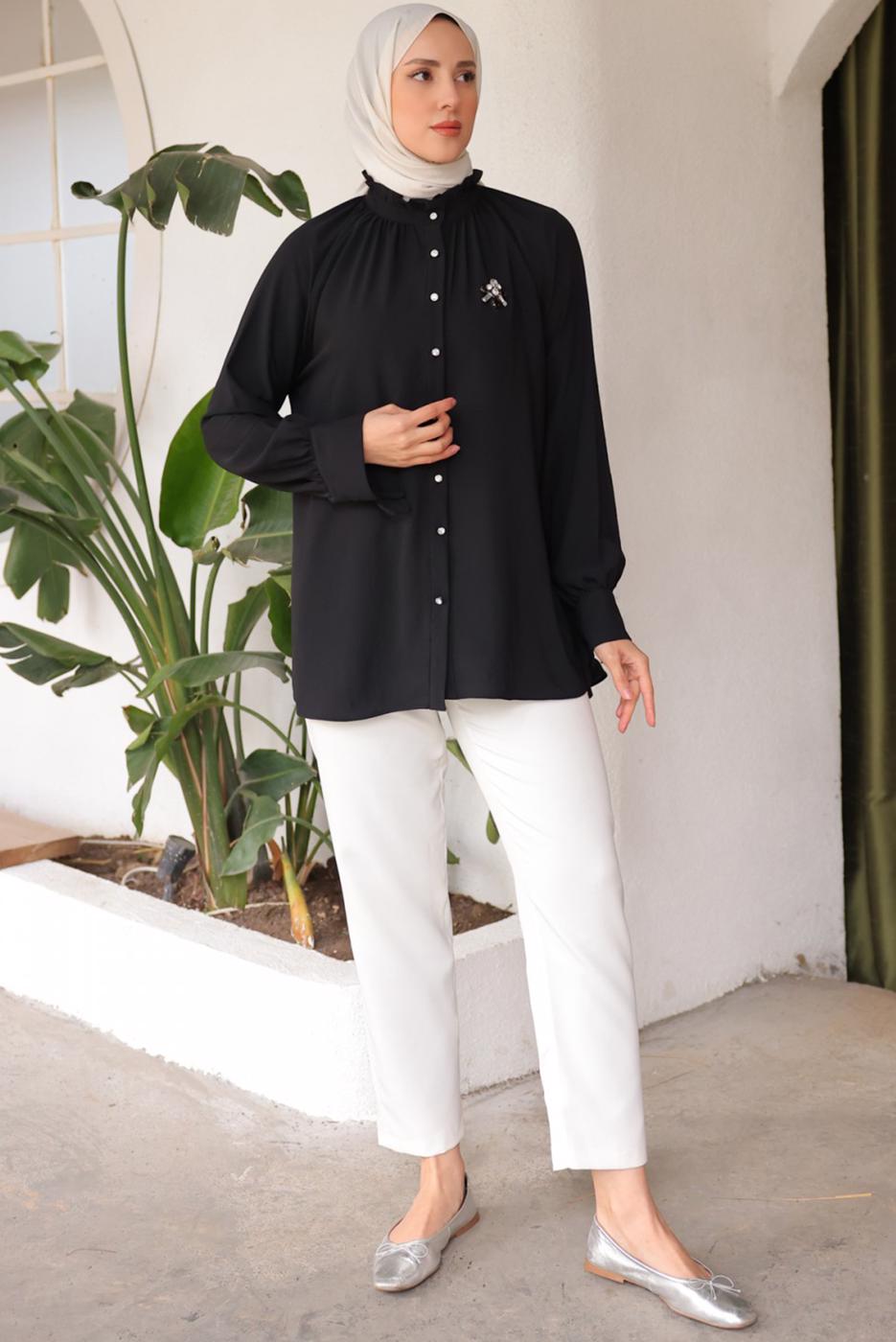 Tesettür giyim SİYAH BROŞ DETAYLI GÖMLEK TUNİK T 93616