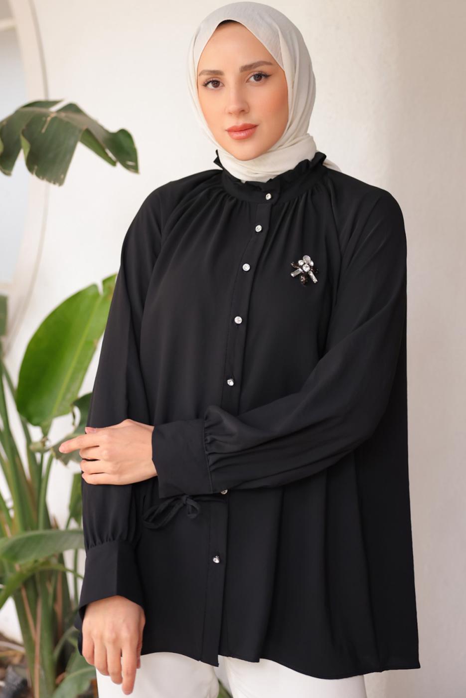 Tesettür giyim SİYAH BROŞ DETAYLI GÖMLEK TUNİK T 93616