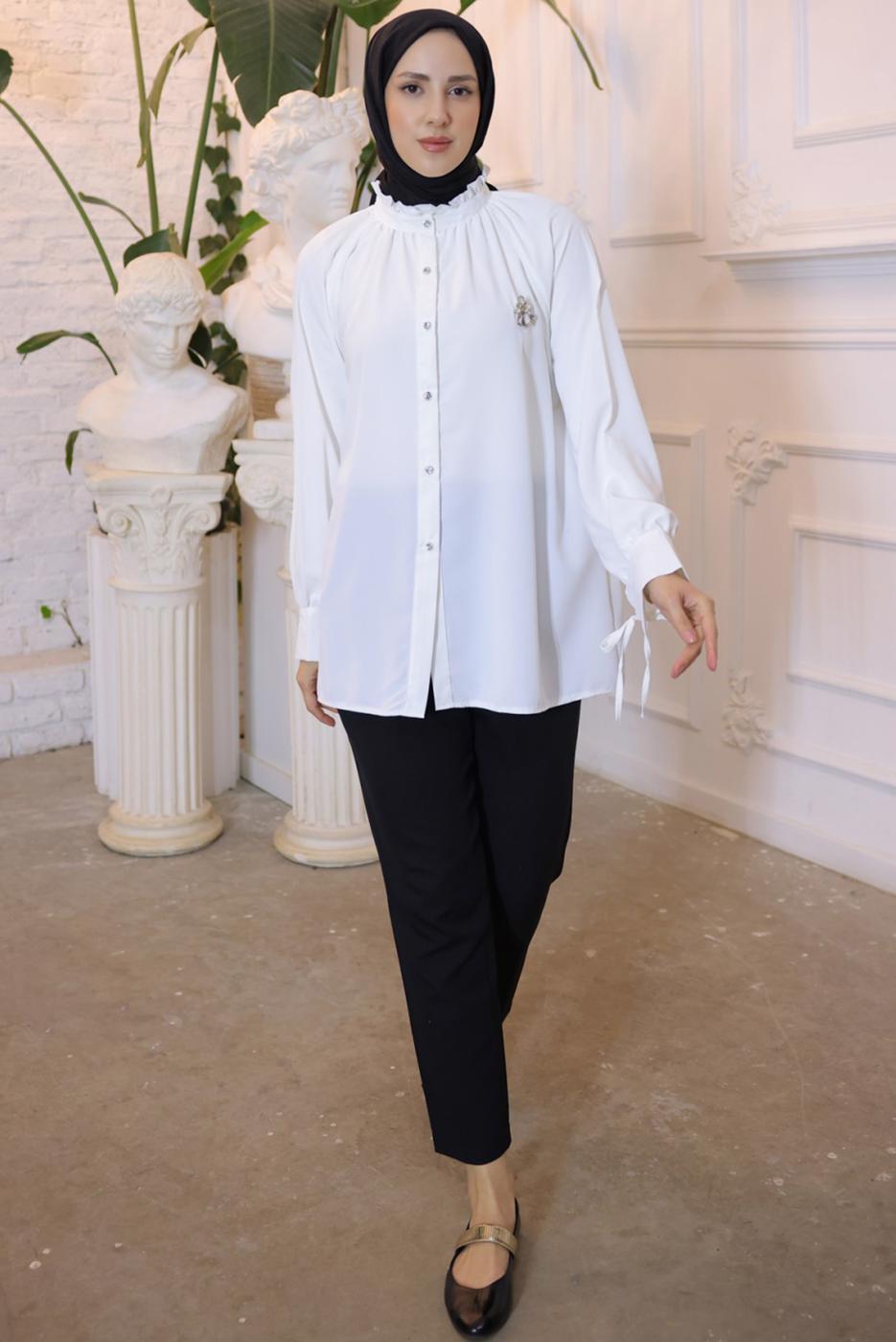 Tesettür giyim KREM BROŞ DETAYLI GÖMLEK TUNİK T 93616