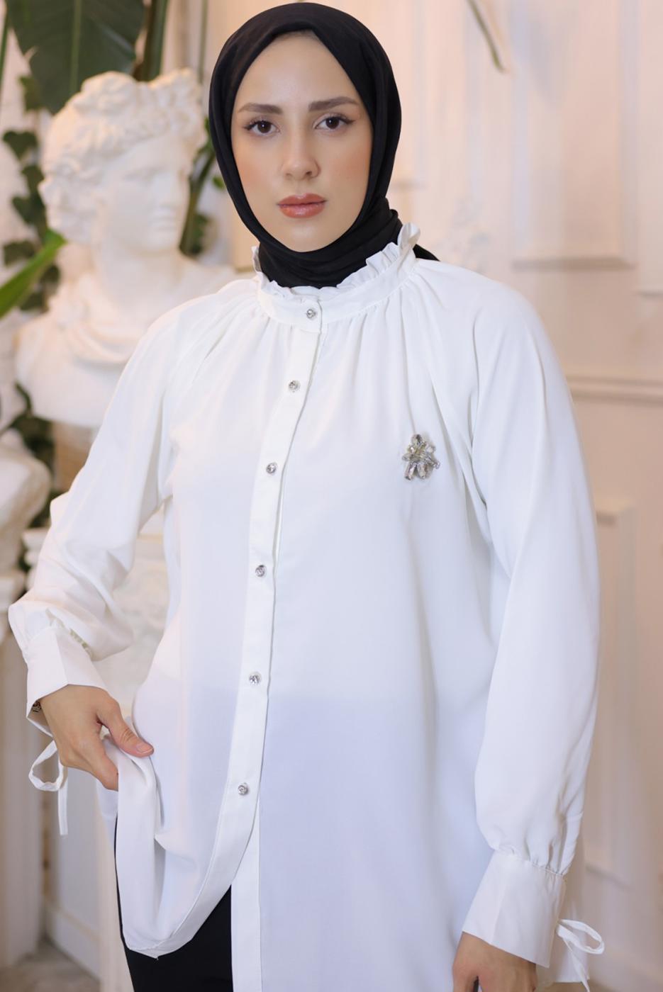 Tesettür giyim KREM BROŞ DETAYLI GÖMLEK TUNİK T 93616