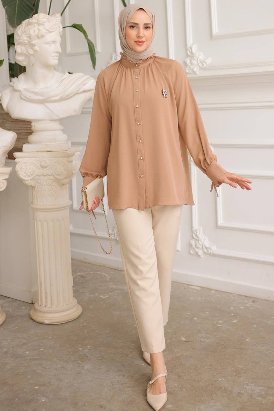 Tesettür giyim KAHVE BROŞ DETAYLI GÖMLEK TUNİK T 93616