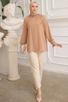 Tesettür giyim KAHVE BROŞ DETAYLI GÖMLEK TUNİK T 93616