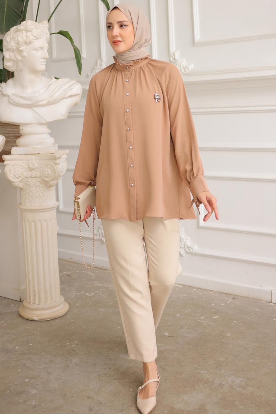 Tesettür giyim KAHVE BROŞ DETAYLI GÖMLEK TUNİK T 93616