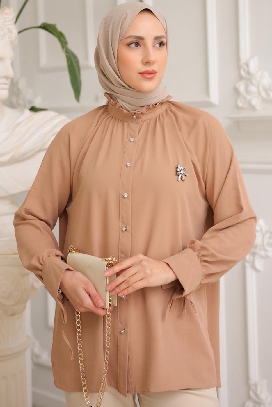 Tesettür giyim KAHVE BROŞ DETAYLI GÖMLEK TUNİK T 93616