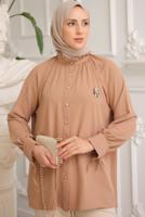 Tesettür giyim KAHVE BROŞ DETAYLI GÖMLEK TUNİK T 93616