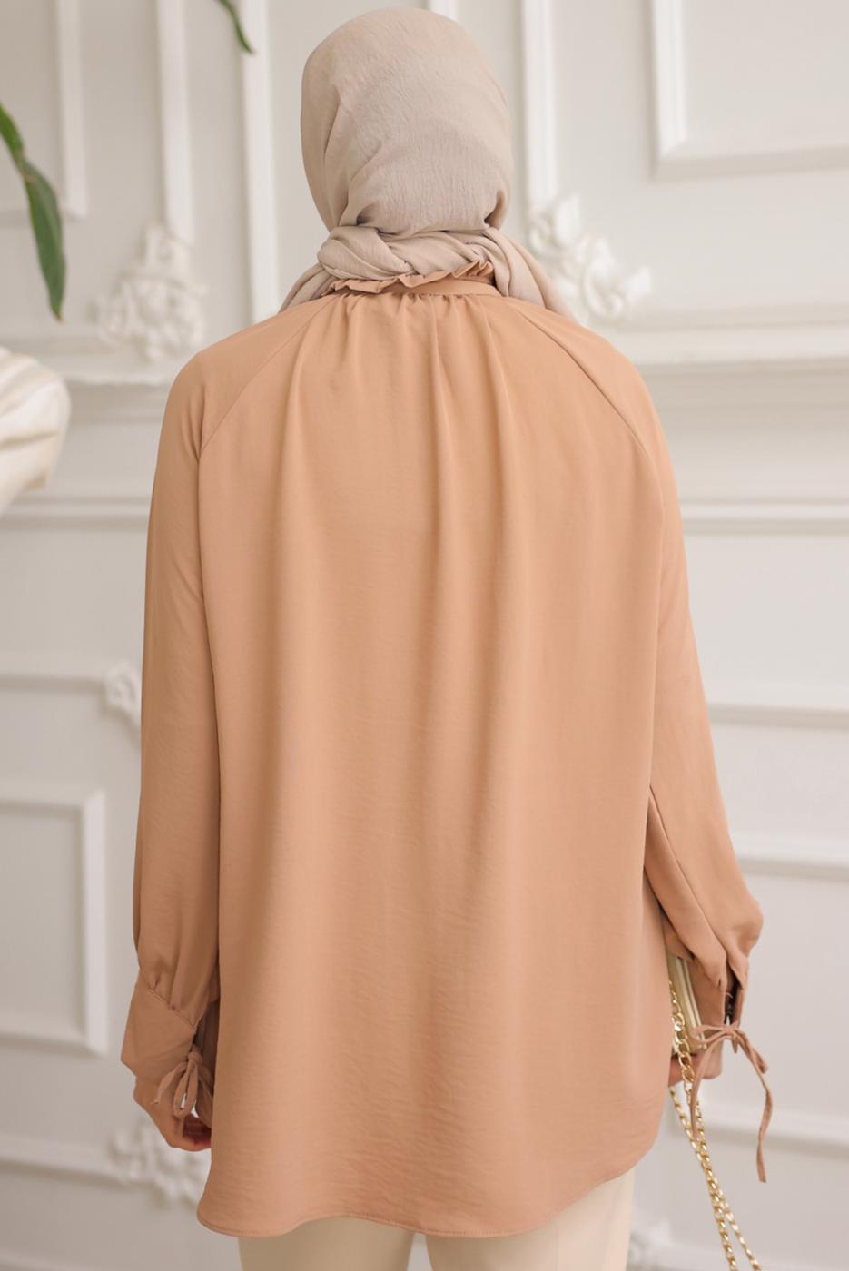 Tesettür giyim KAHVE BROŞ DETAYLI GÖMLEK TUNİK T 93616