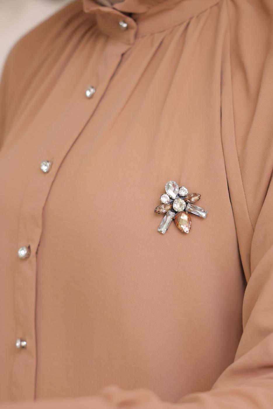 Tesettür giyim KAHVE BROŞ DETAYLI GÖMLEK TUNİK T 93616