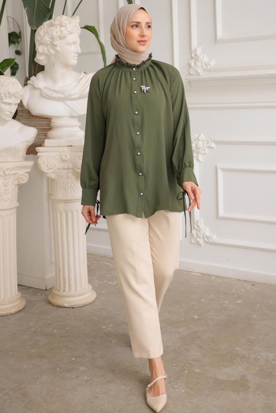 Tesettür giyim HAKİ BROŞ DETAYLI GÖMLEK TUNİK T 93616