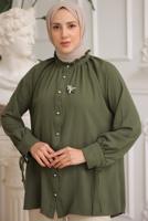 Tesettür giyim HAKİ BROŞ DETAYLI GÖMLEK TUNİK T 93616