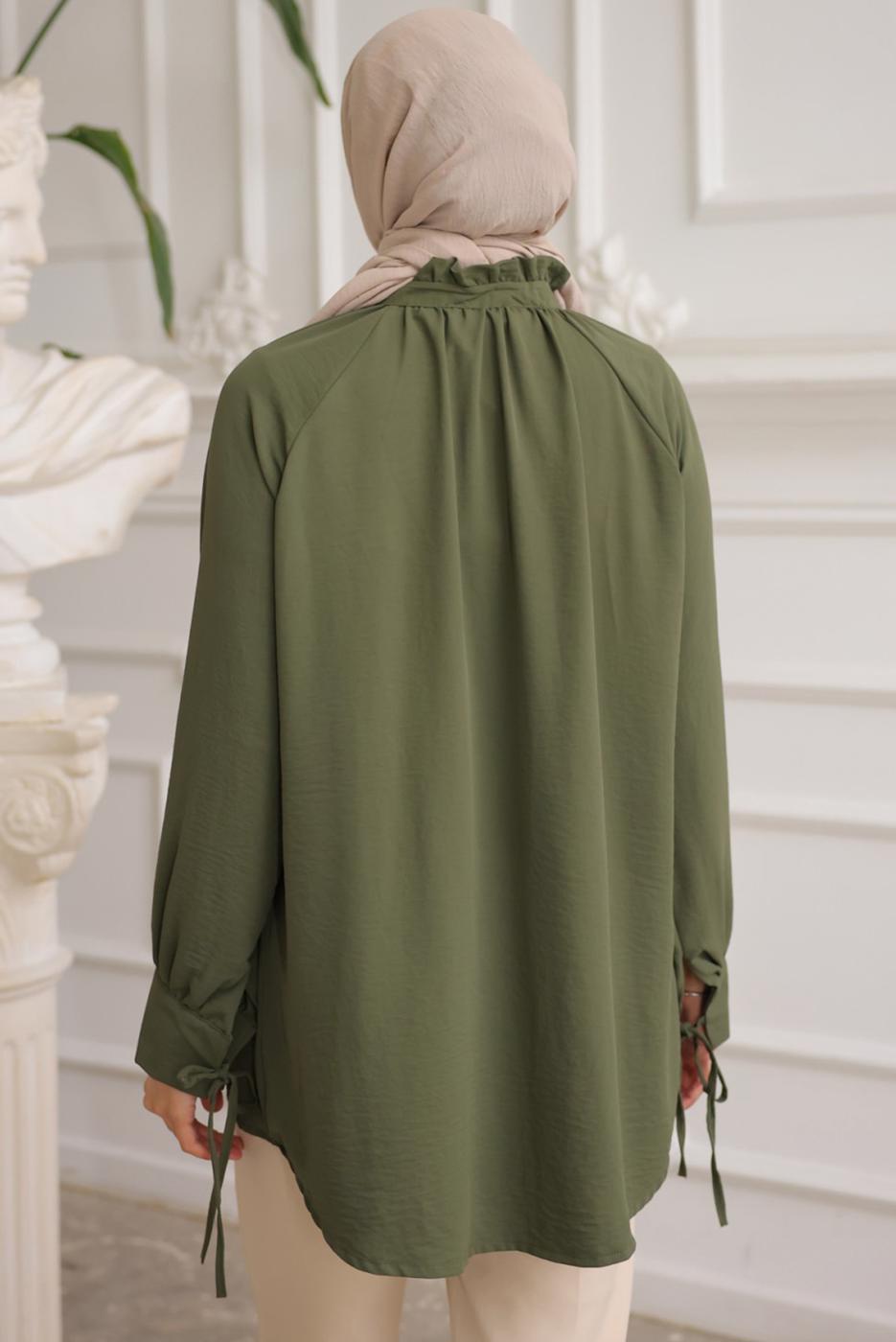 Tesettür giyim HAKİ BROŞ DETAYLI GÖMLEK TUNİK T 93616