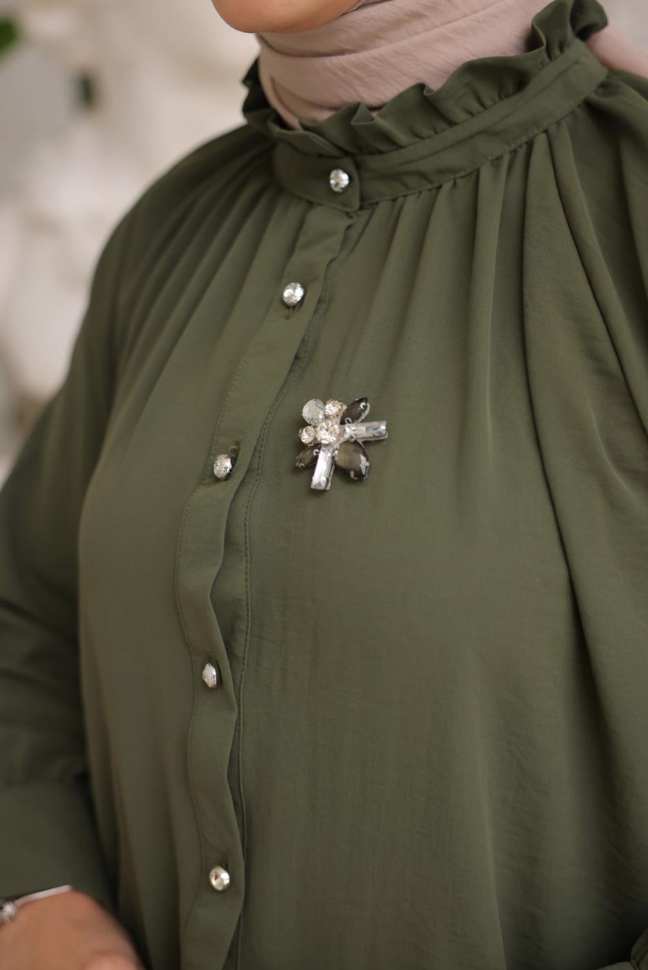 Tesettür giyim HAKİ BROŞ DETAYLI GÖMLEK TUNİK T 93616