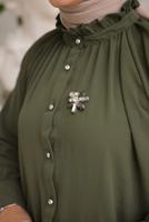 Tesettür giyim HAKİ BROŞ DETAYLI GÖMLEK TUNİK T 93616