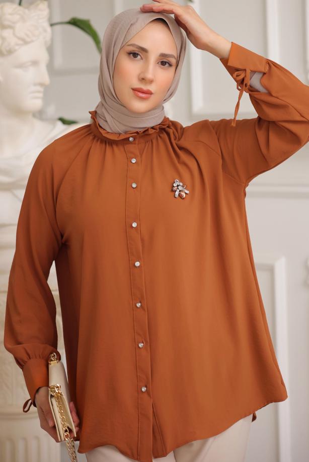 Vêtements hijab BRUN CHEMISE TUNIQUE AVEC BROCHE T 93616 - TRENDTESETTÜR
