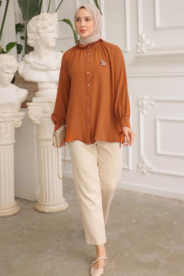 Vêtements hijab BRUN CHEMISE TUNIQUE AVEC BROCHE T 93616 - TRENDTESETTÜR