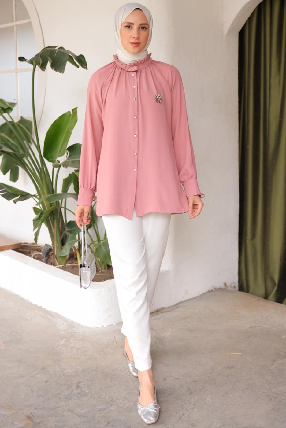 Tesettür giyim PUDRA BROŞ DETAYLI GÖMLEK TUNİK T 93616