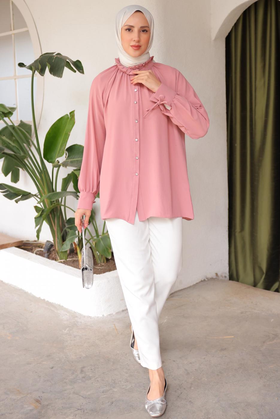 Tesettür giyim PUDRA BROŞ DETAYLI GÖMLEK TUNİK T 93616