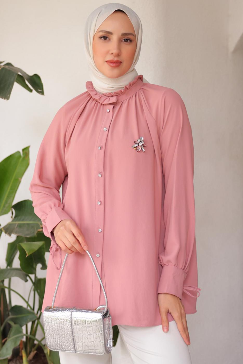 Tesettür giyim PUDRA BROŞ DETAYLI GÖMLEK TUNİK T 93616
