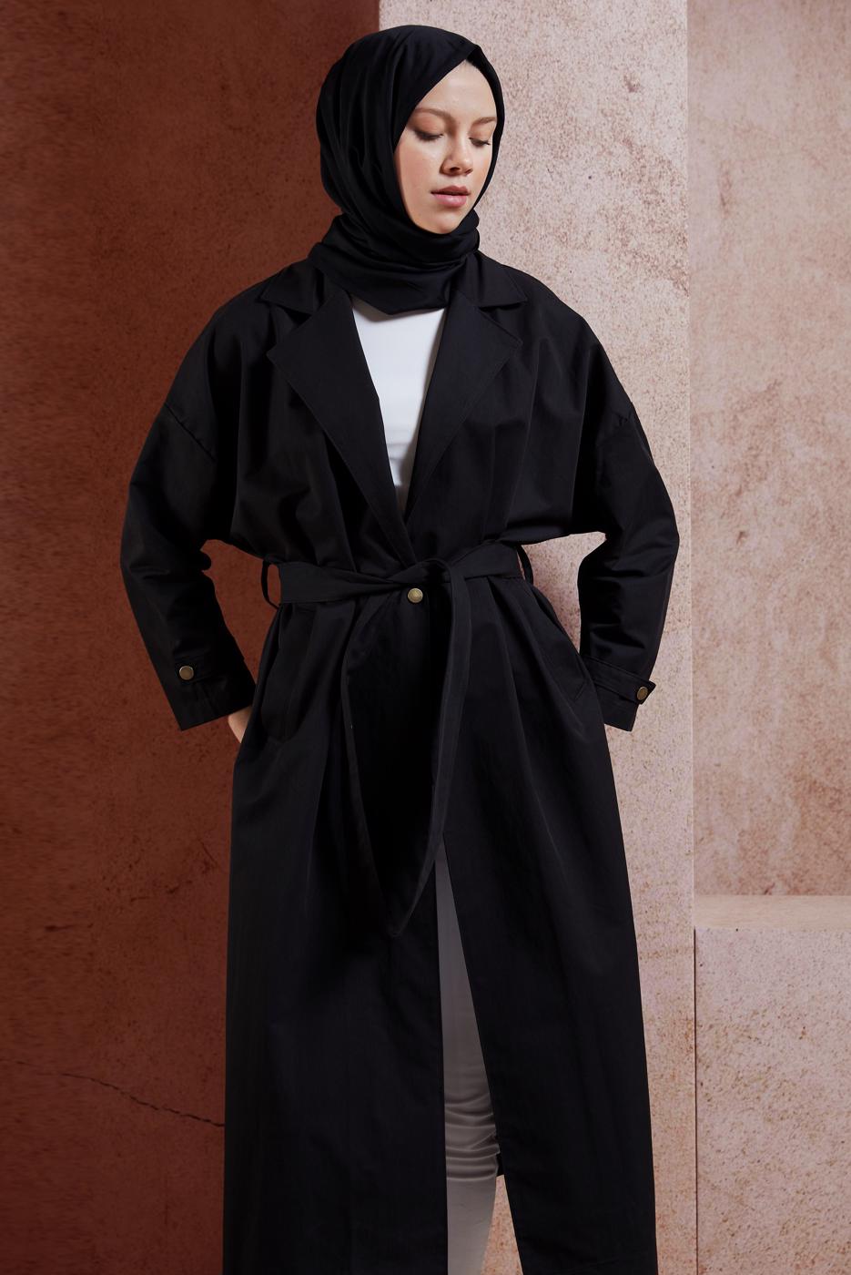 Hijab clothing BLACK BELTED COTTON TRENCH COAT T 1201