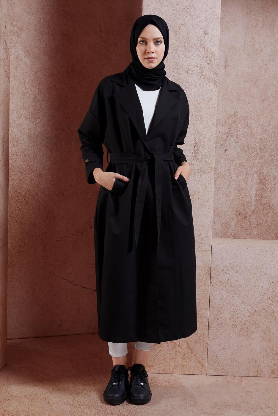 Hijab clothing BLACK BELTED COTTON TRENCH COAT T 1201