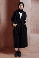 Hijab clothing BLACK BELTED COTTON TRENCH COAT T 1201