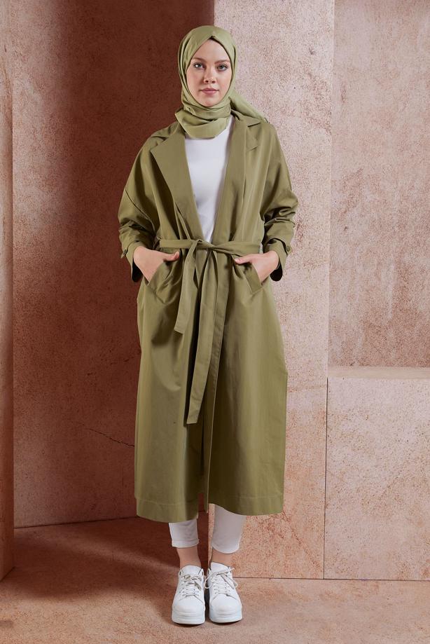 Vêtements hijab  BELTED COTTON TRENCH COAT T 1201 - TRENDTESETTÜR