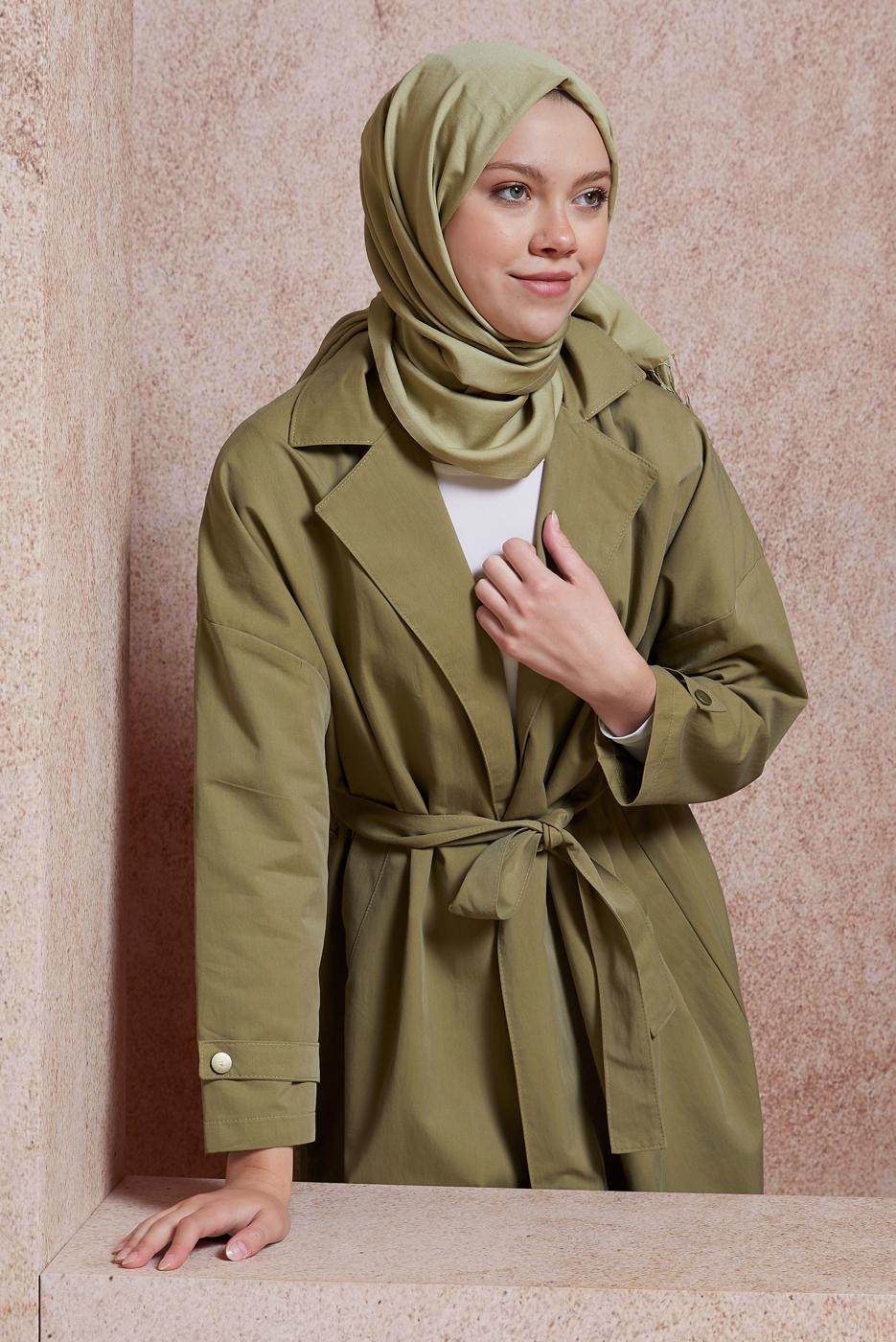 Vêtements hijab KAKI TRENCH-COAT EN COTON CEINTURÉ T 1201