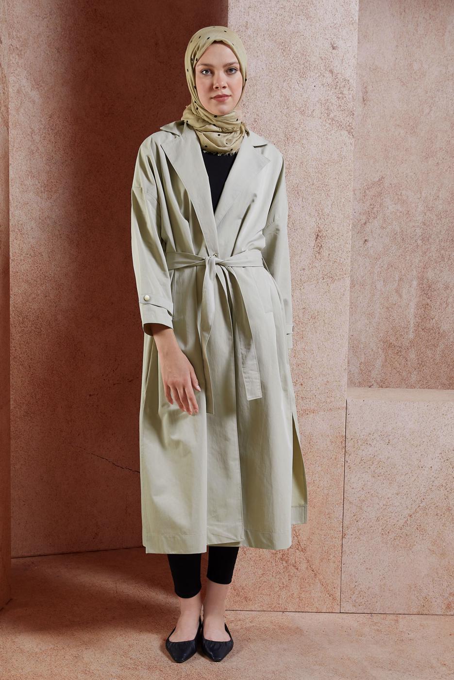 Hijab clothing BEIGE BELTED COTTON TRENCH COAT T 1201