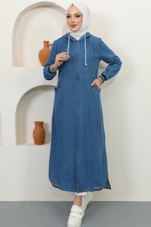 Vêtements hijab BLEU TRENCH-COAT EN JEAN À CAPUCHE T 2187 - TRENDTESETTÜR