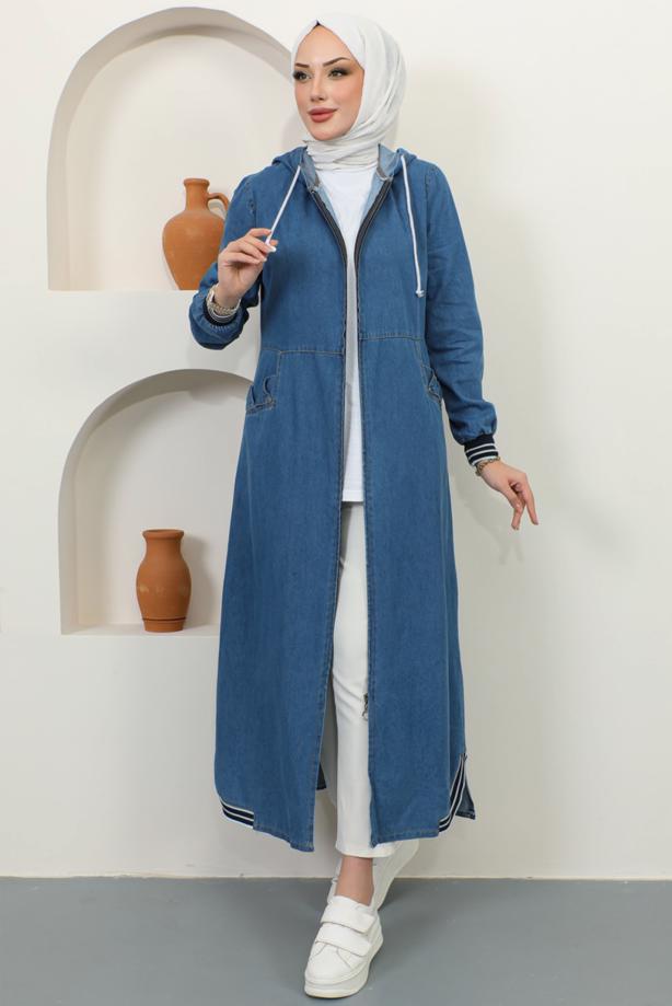 Vêtements hijab BLEU TRENCH-COAT EN JEAN À CAPUCHE T 2187 - TRENDTESETTÜR