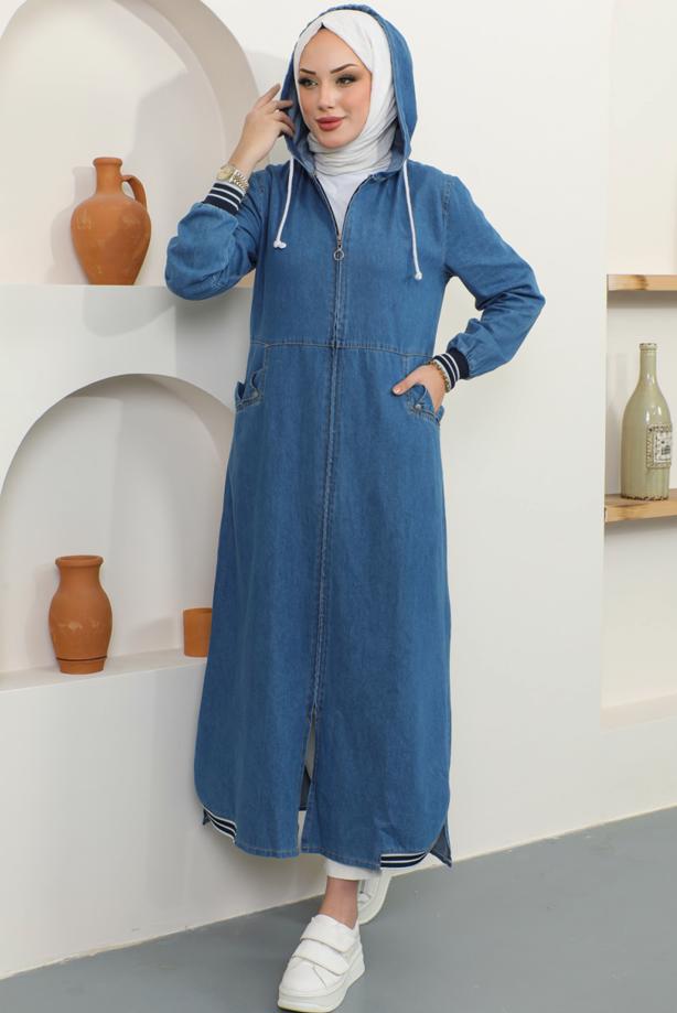 Vêtements hijab BLEU TRENCH-COAT EN JEAN À CAPUCHE T 2187 - TRENDTESETTÜR