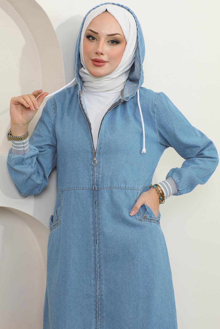 Tesettür giyim MAVİ KAPÜŞONLU DENİM KAP T 2187